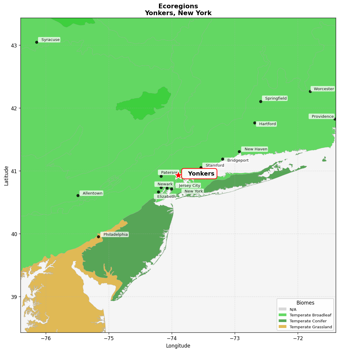 Northeast US Coastal forests Ecoregion Map for Yonkers, NY